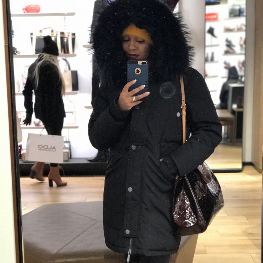BCBG Goose Down blue FUR hood coat.